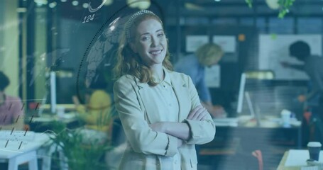 Woman offering smile starting data overlays sliding across office scene signaling tech leadership - Powered by Adobe