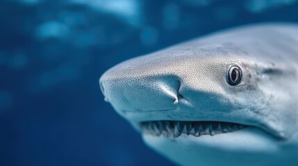 Naklejka premium Diver swims closely with a tiger shark in clear tropical waters during daylight hours. Shark Awareness Day and Shark Week