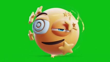 Cartoon emoji face with stars around head and spiral eyes on a green screen background, expressing dizziness, confusion, or being starstruck - Powered by Adobe