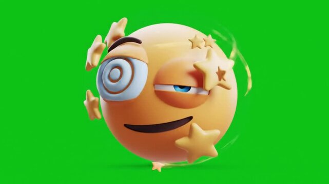Cartoon emoji face with stars around head and spiral eyes on a green screen background, expressing dizziness, confusion, or being starstruck