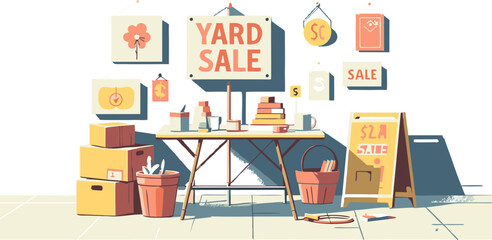 Vibrant Yard Sale Illustration: Colorful Goods and Signs