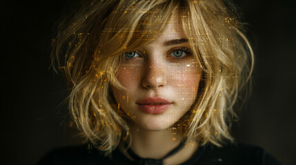 Deepfake concept of a young woman with digital data overlay on her face. Futuristic AI, neural networks, and cyber security visualization of digital identity and face recognition.