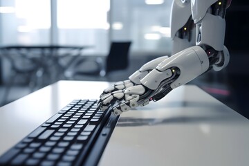 realistic robot hand typing on a sleek modern keyboard in a bright office environment, soft lighting, professional atmosphere
