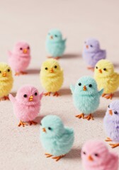 Fototapeta premium Adorable Fluffy Pastel Chicks on Pink Background