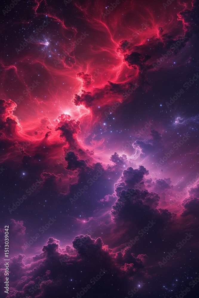 Poster ruby red and violet storm cosmic nebula background for card or greeting template banner backdrop