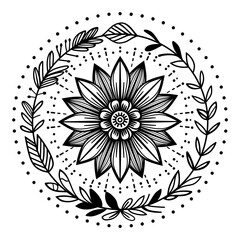 Black line art of flower and wreath in boho style. Illustration element design on white background.