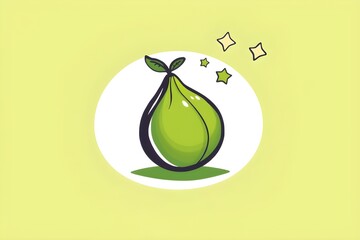 A stylized, cartoon green fruit with leaves sits inside a white circle on a light green background. Stars hover nearby, adding a whimsical touch