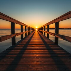 Sunset over Calm Ocean Water with Wooden Pier