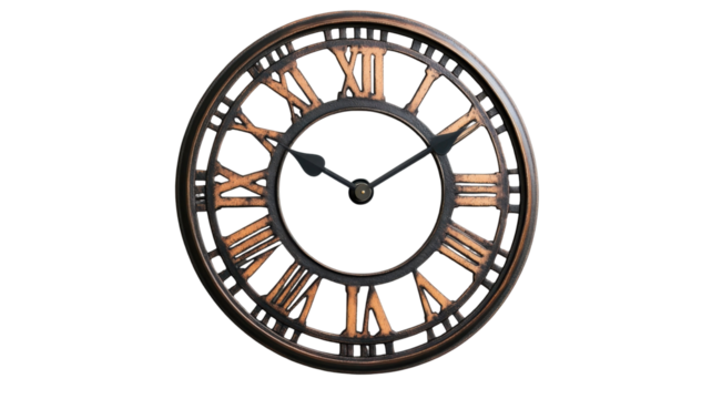 Vintage antique old wall clock with roman numerals isolated on white background