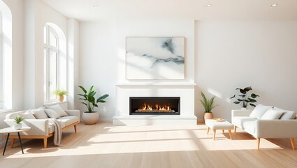 A bright living room with a fireplace painting sofas and plants in a minimalist interior design style