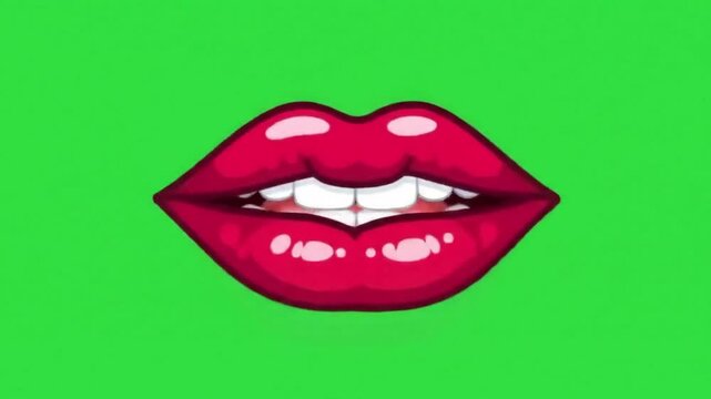 Cartoon open red lips with white teeth and tongue isolated on green background, expressing vocal sounds and communication