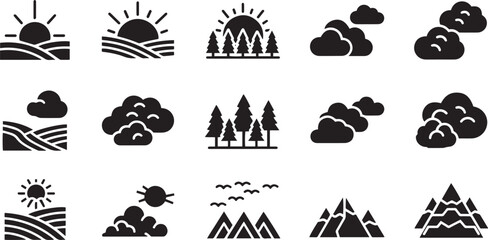 Black glyph icons nature landscapes sun clouds mountains forest © SaHeD
