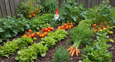 Obraz premium Lush Vegetable Garden with Ripe Tomatoes and Carrots