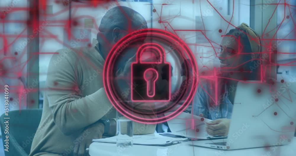 Aufkleber man tapping table initiating red network security graphic while colleagues reviewing paper data