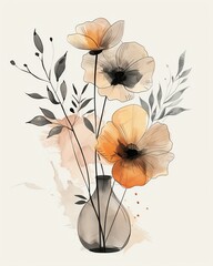 Beautiful abstract illustration of orange flowers in a vase.