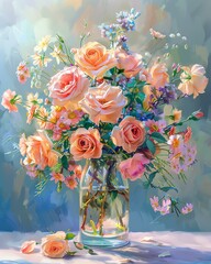 Beautiful bouquet of roses and wildflowers in a glass vase.