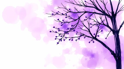 Fototapeta premium A stylized tree drawing, outlined in dark ink, with small, purple blossoms, set against a backdrop of soft, purple watercolor washes on a white background