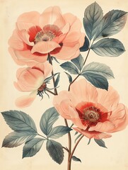 Beautiful vintage floral illustration of pink peony flowers.