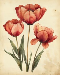 Beautiful vintage illustration of vibrant red tulips.