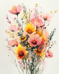 Beautiful watercolor bouquet with vibrant pink and yellow flowers.