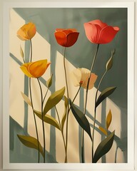 Colorful blooming flowers in a stylized modern art setting.