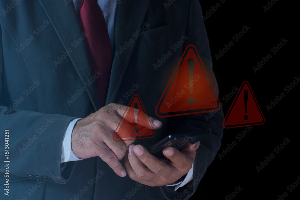Poster businessman using smartphone with warning sign. system warning caution sign for notification error a