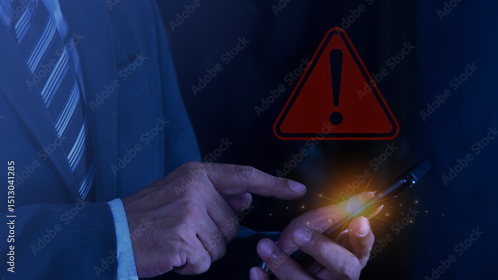 Poster businessman using smartphone with warning sign. system warning caution sign for notification error a