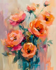 Vibrant floral artwork with blooming roses in soft hues.