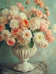 A beautiful arrangement of pastel flowers in a vintage vase.