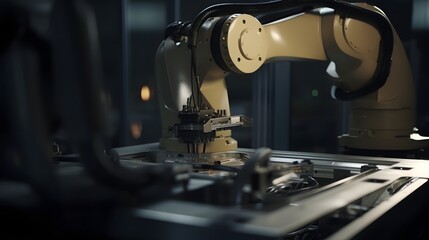 Fototapeta premium robotic arm precisely placing items on a production line, industrial automation, high-detail machinery, sharp focus 