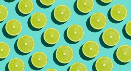 Lime Slice Grid Citrus Delight on Turquoise Refreshing Summer Pattern.