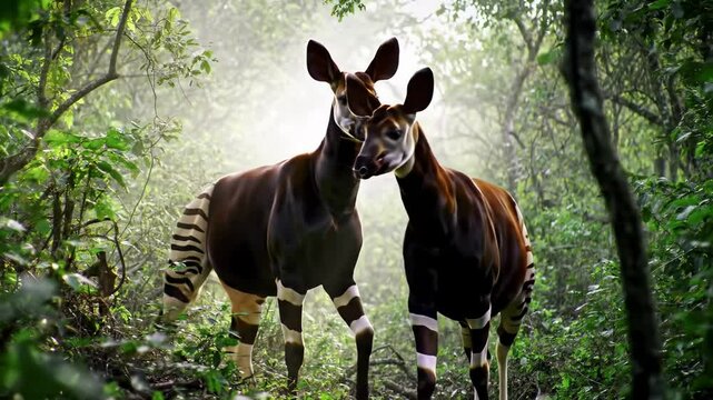 Two okapis in a lush forest showcasing zebra striped legs and natural habitat
