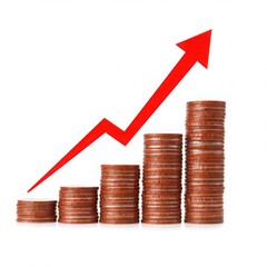 Stacks of coins with a red arrow isolated on white background. for finance, investment, and growth use cases.