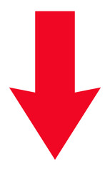 Downward-facing red arrow representing directional symbol for navigation, pointing down, isolated graphic for infographic, presentation, or signage use.