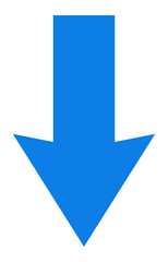 Downward-facing blue arrow on white background, bold and clean directional symbol for navigation, pointing down, isolated graphic for infographic, presentation, or signage use.