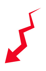 Zigzag downward red arrow symbolizing decline, decrease, or loss dynamic isolated graphic for business, finance, statistics, infographics, or presentations.