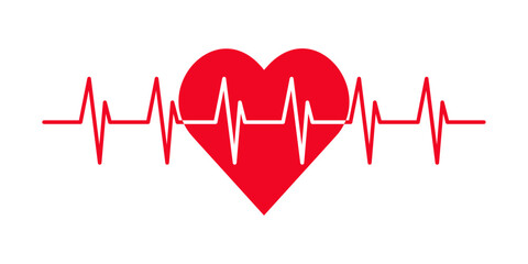 Red heart with electrocardiogram heartbeat line on white background, symbol of health, love, care, medical monitoring, fitness, cardiology, isolated graphic for healthcare or wellness design.
