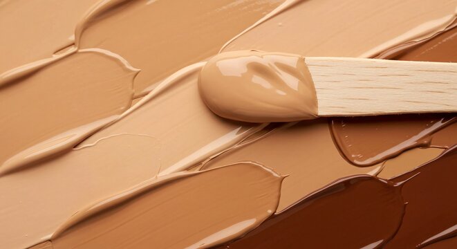 Swatches of foundation shades with wooden stick for makeup application and testing