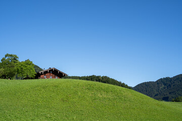 Green grass hill and blue sky in the mountains