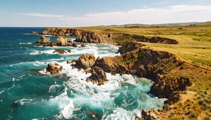 Aerial top view of stones at the coast, turquoise sea water waves washing the rocks