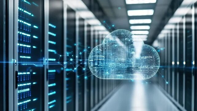 Cloud computing data center server technology network digital futuristic blue storage security innovation and IT infrastructure with internet connection, modern virtual communication, and business