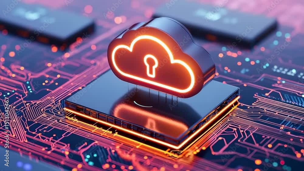 Aufkleber cloud computing security concept with glowing cloud icon and lock symbol futuristic circuit board, r