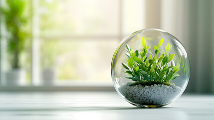 Green Sprout Inside a clear transparent Light Bulb A Symbol of Renewable Energy and Sustainable Growth caption space on the side blurred minimalistic white background --chaos 25 --ar 16:9 --stylize 30