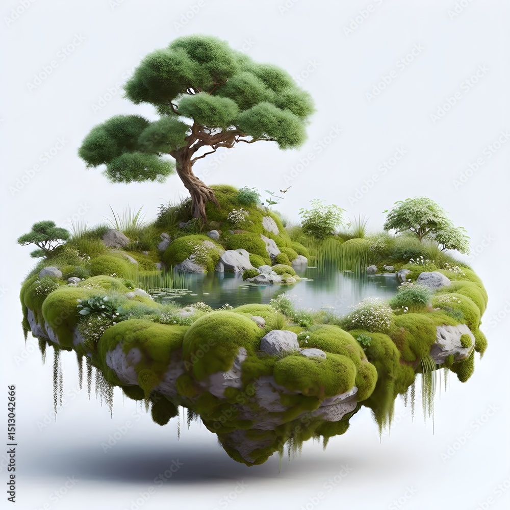 Poster 3d render of a tiny natural island with moss, a tree, and a small pond floating in white space creat