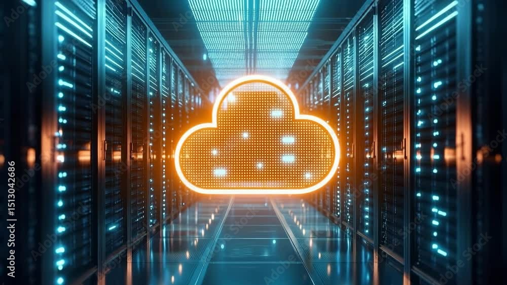 Poster cloud computing technology concept with glowing cloud icon modern data center server room, digital s
