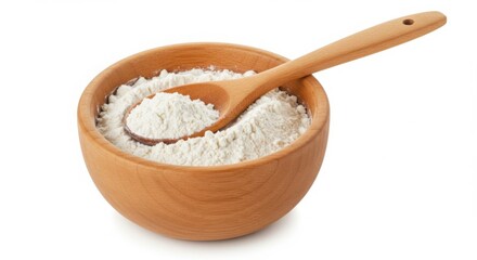 Wooden bowl with flour and spoon isolated on white background. use cases: baking, cooking, food photography.