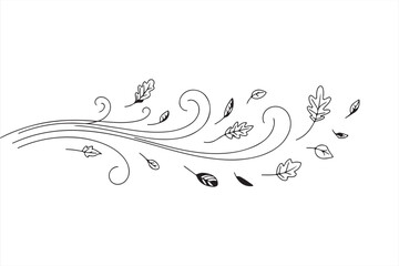 Fototapeta premium Black & White Line Drawing of Windblown Leaves - Minimalist Nature Art for Fall