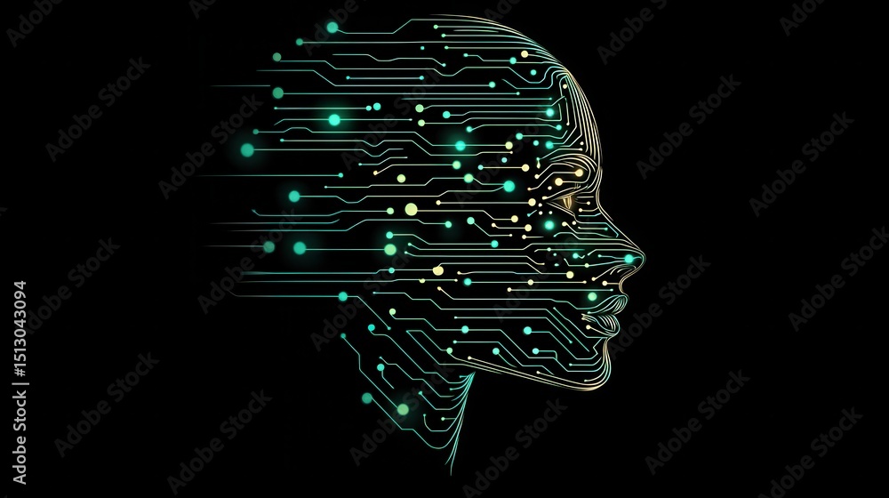 Poster digital human head with circuit board texture on a black background. use for artificial intelligence