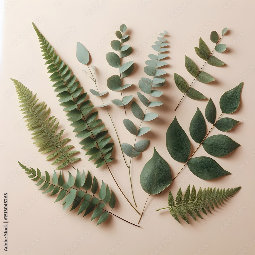 Poster decorative botanical banner composed of eucalyptus and fern leaves arranged in flat lay on soft beig