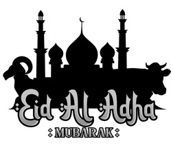 Eid al-Adha greetings with a silhouette of a mosque and two sacrificial animals, a goat and a cow on the right and left